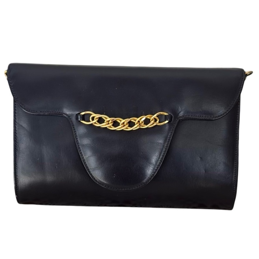 Manon Vintage Evening Purse Leather Gold Chain Navy Art Deco